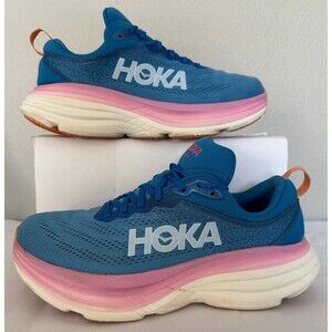 Hoka One One Bondi 8 Wide Shoes Womens 9D Blue Pink Running Sneakers